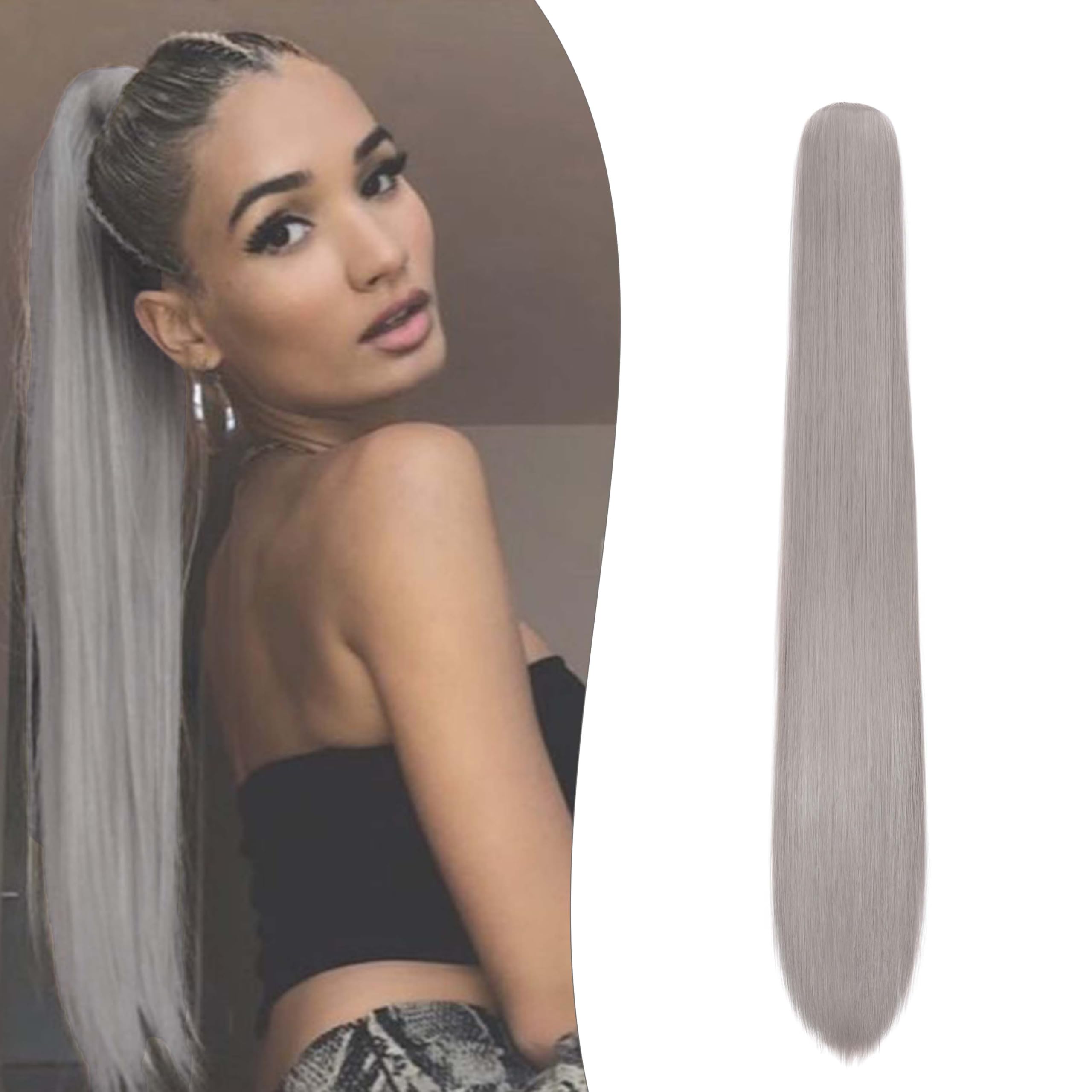 Gairyan Clip in Ponytail Hair Extensions 24 inch Ponytail Extension Long Straight Pony Tails Claw on Ponytail Synthetic Hairpieces for Women Soft Natural Look (Dark Gray)