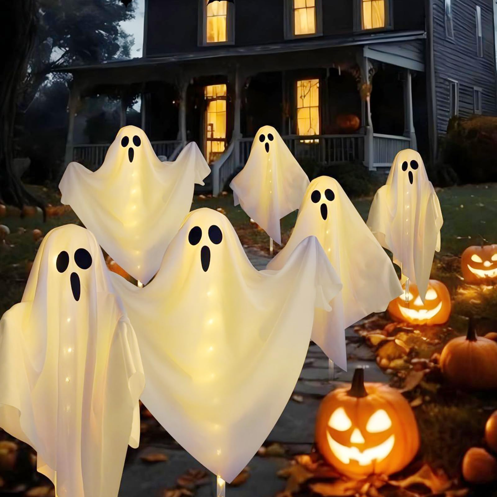 Photo 1 of 3-Pack Ghost Solar Powered Halloween Decorations Outdoor, Auto On/Off, Solar Halloween Lights for Garden Pathway Porch Yard Walkway Lawn Party Decor, 8 Modes & Waterproof Outdoor Halloween Decorations