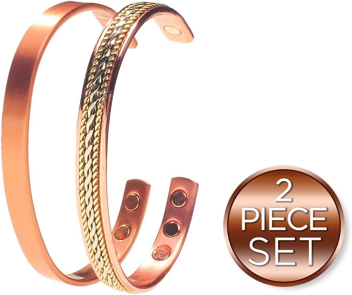 Earth Therapy, The Original Pure Copper Magnetic Healing Bracelets - Adjustable - For Women - Elegant Jewelry Gift Set of 2 in Velvet Pouch: Health & Personal Care