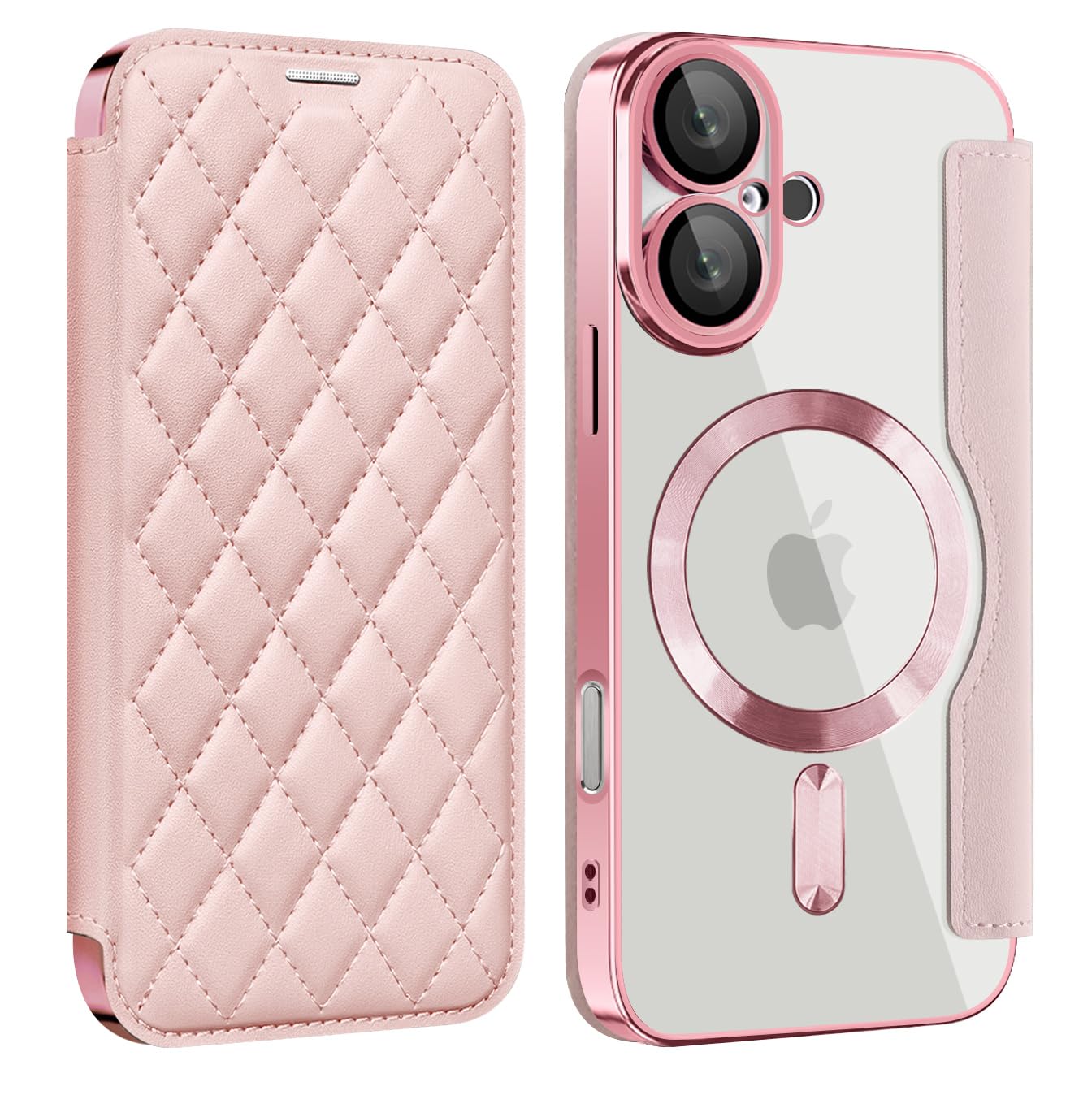 ZQYFCDZ Magnetic Case for iPhone 16 plus with RFID Blocking Credit Card Holder, PU Leather,Shockproof Scratch-Resistant Transparent Back,Pink