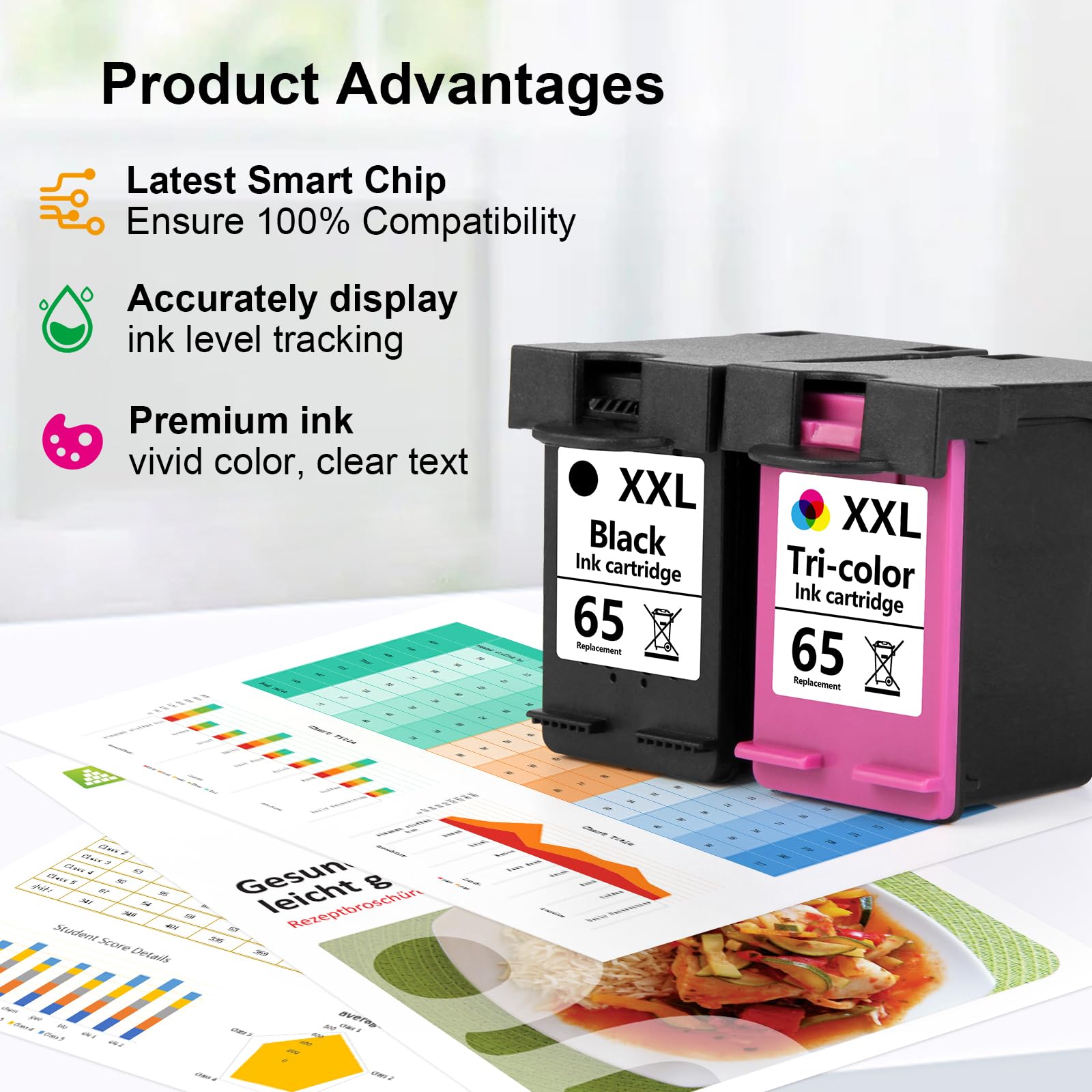 Aqepbzt Remanufactured Black/Tri-Color Ink Cartridge Replacement for HP Ink 65 65XXL Ink Cartridges Black and Color for HP AMP 120 100 125 130 Deskjet 3755 2652 3752 2624 Printer