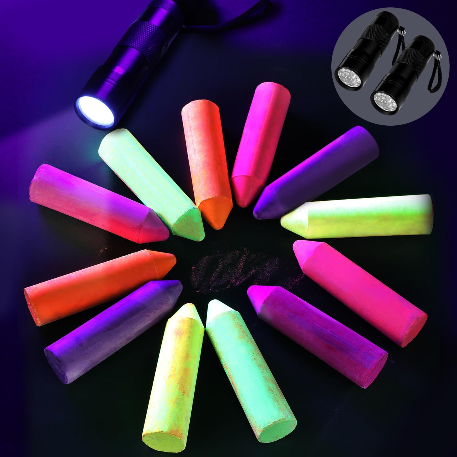 Photo 1 of 12 Pcs 6 Color Glow in the Dark Chalk Under Blacklight 2 Pcs UV Flashlight and Neon Sidewalk Chalk for Outdoor Drawing Black Light Party Supplies Birthday Gift Painting on Chalkboard Playground
