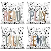 ISANOU Let's Read Play Talk Learn Throw Pillow Covers,Reading Corner Nook Classroom Decorate Pillow Covers for Kids Reading Room Playroom Library Nursery,18x18 Inch Pillowcase Set of 4