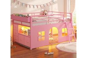 ADORNEVE Low Loft Bed Twin Size with Tent, 5 Storage Drawers, LED Lights, Metal Kids Loft Bed with Bookcase & Under-Bed Play Space,Twin Loft Beds with 13.8''H Safety Guardrail,Inclined Ladder, Pink