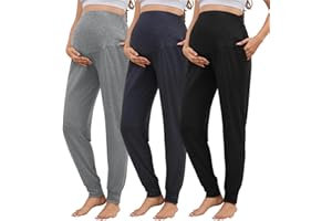 Tjukufpa 3 Pack Women's Maternity Sweatpants Over The Belly Pregnancy Jogger Pants Stretchy Maternity Pants with Pockets