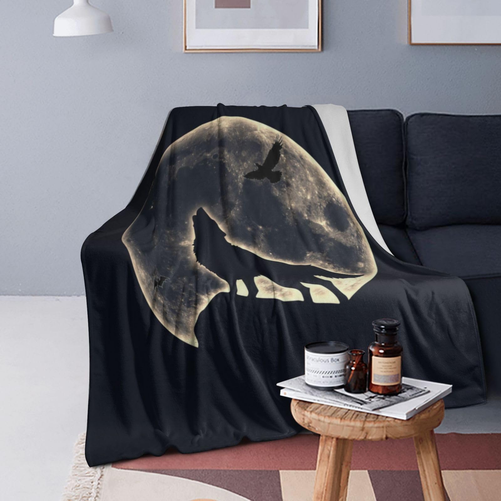 Generic Wolf and Eagle in Moon Light Throw Blanket