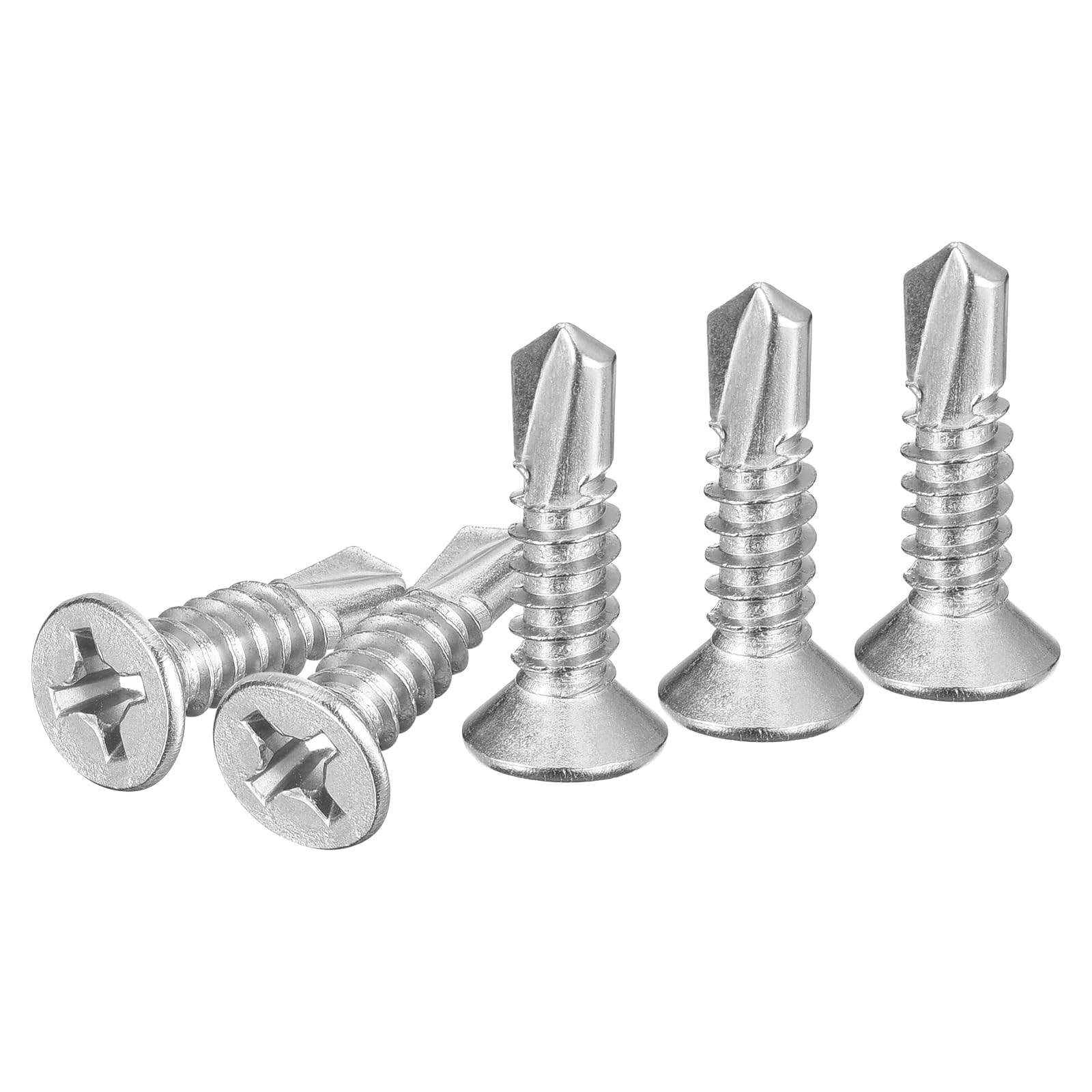 DTGN 100Pcs ST6.3x25mm Self Drilling Screws, 410 Stainless Steel Flat Head Phillips Sheet Metal Screw - Good for Wood to Metal, Furniture - Silver