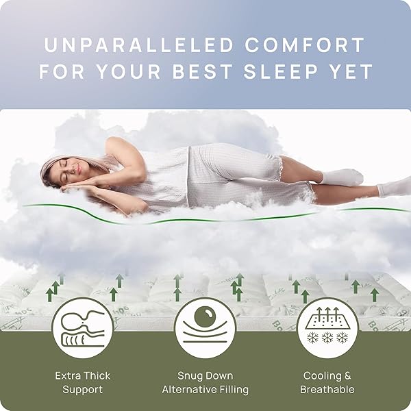 COOLING MATTRESS TOPPER – QUEEN SIZE | PLUSH PAD MATTRESS TOPPER FOR BACK PAIN RELIEF, 8-21″ DEEP POCKET | VISCOSE MADE FROM BAMBOO PILLOW TOP | BEDROOM ESSENTIALS
