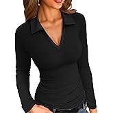 VICHYIE Womens Long Sleeve Shirts Lapel Collared V Neck Slim Fitted Ribbed Knit Trendy Tight Polo Tops
