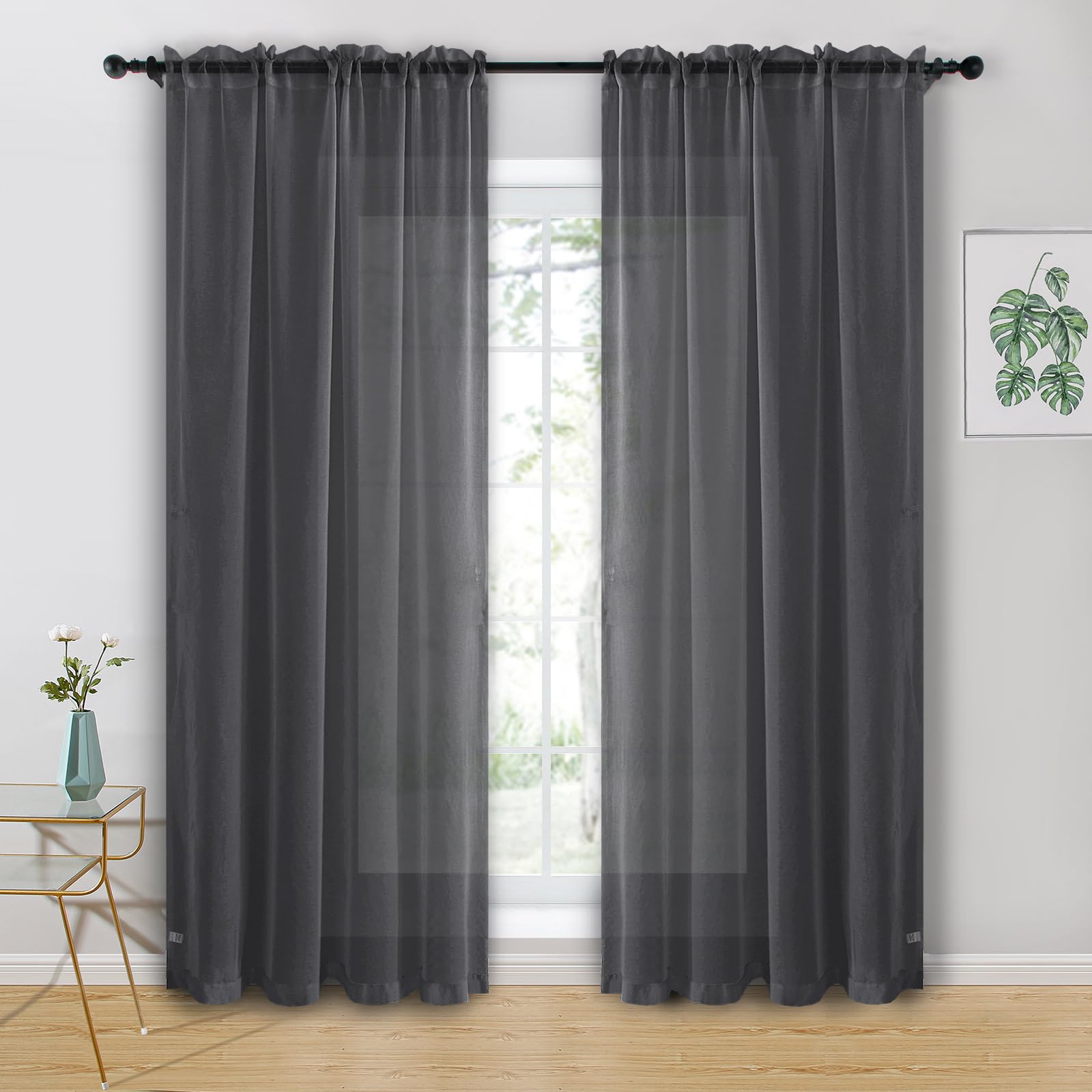 Hiasan Grey Voile Curtain Sheer Curtains for Living Room Net Curtains for Window Curtains for Bedroom With Tiebacks 55 X 90 Inch 2 Panels Rod Pocket Top