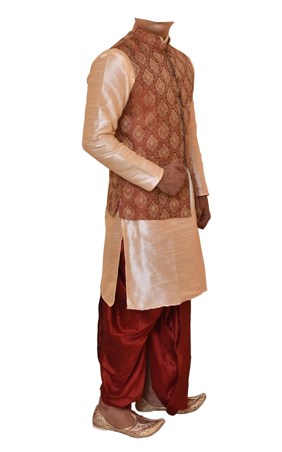 modern garments men's golden kurta maroon dhoti & designer jacket waistcoat