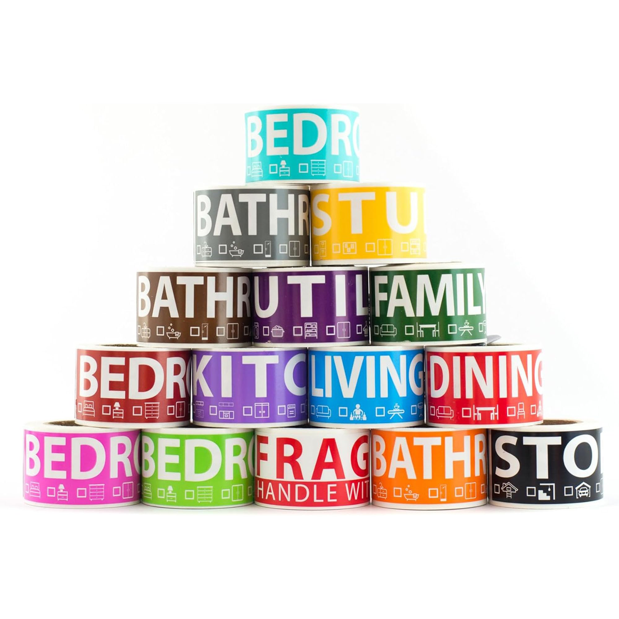 Tapes n More 750 Home Moving Labels for 4 Bedroom House. 50 Labels per Room, 15 Color Coded Label Rolls, Fragile Label Included for Moving Boxes, Moving Supplies, Wardrobe Boxes, Apartment Stickers