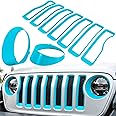 Front Grille Mesh Inserts & Headlight Cover for Jeep Wrangler JL JLU Unlimited Sport/Sports 2018-2023 Exterior Accessories Clip-in Grille Guard Cover Headlight Bezels Trim Ring (Light Blue 9PCS)