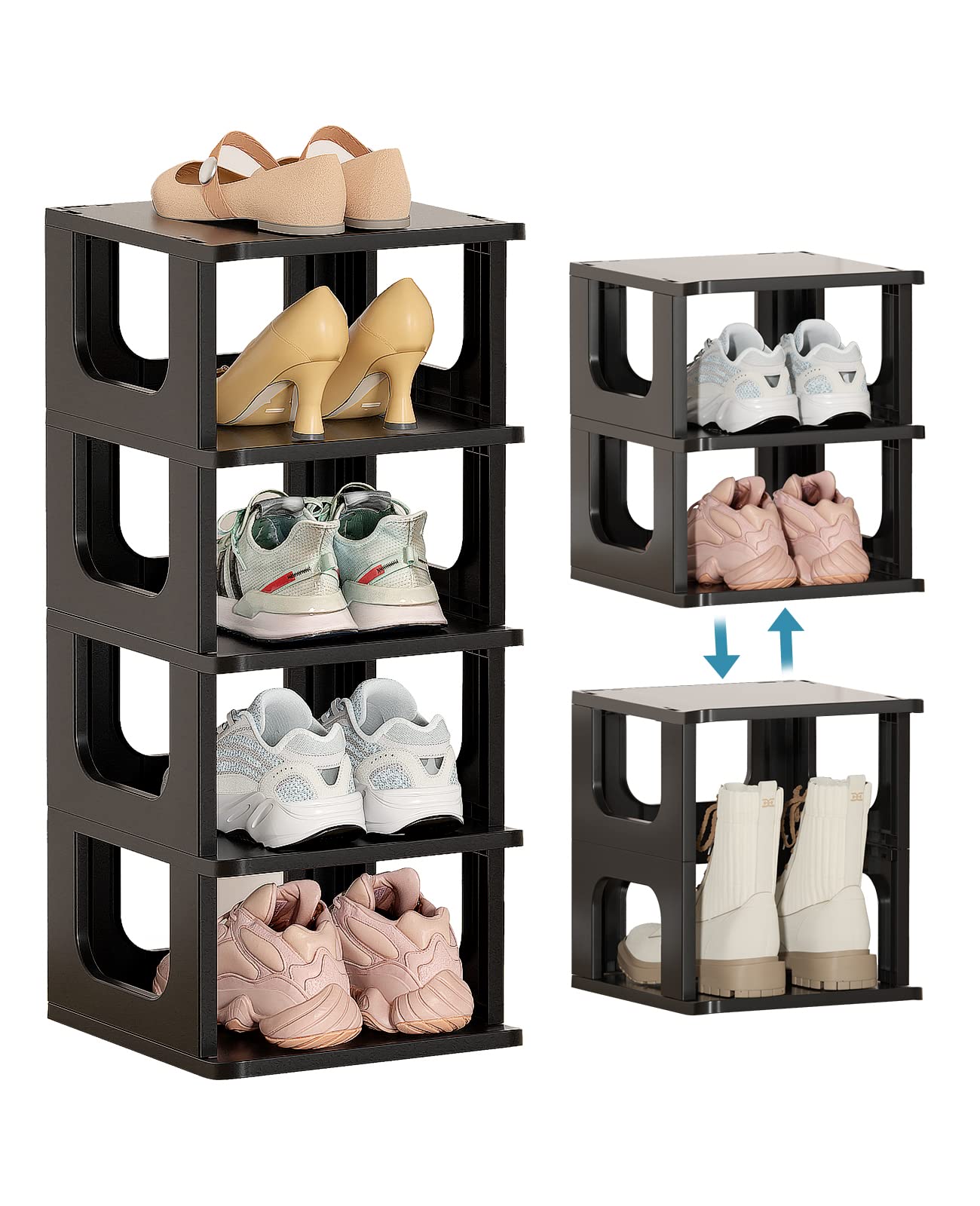 Photo 1 of Shoe Organizer Rack for Small Spaces 5 Tier Plastic Vertical Narrow Shelves for Closet Black Shoe Holder, Stand for Entryway Storage Boots Organizer Stackable Cabinet