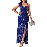 Cololura Women Sexy Elegant Sequin Ruffled Sleeveless Mermaid Party Cocktail Bodycon Evening Gowns Maxi Dress