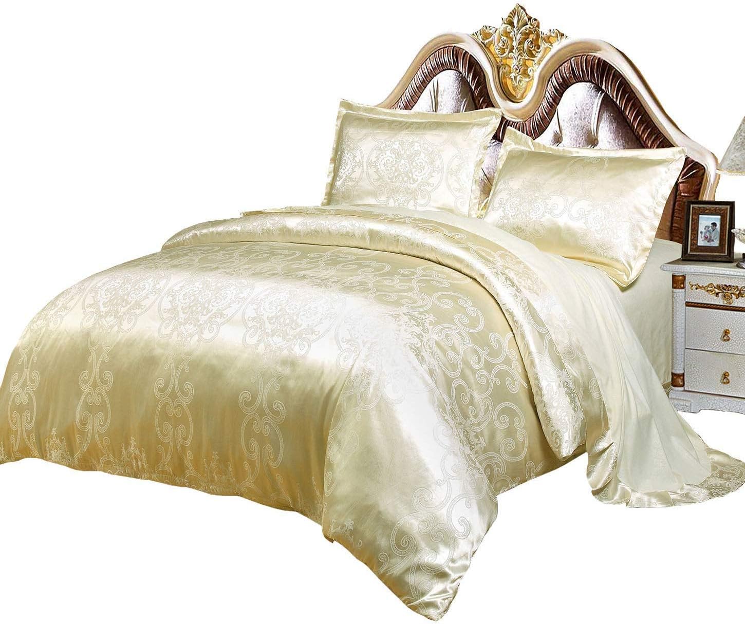 Hotel Quality Bedding – 4 Piece Gorgeous Satin Jacquard Duvet Cover for Bedroom Décor Accessories + Flat Sheet & 2 Pillow Shams