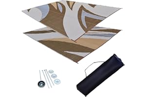 EZ TRAVEL COLLECTION EZ Travel Distribution RV Patio Mat Outdoor Tent and Grass Mat with Bag and Stakes (Reversible) (Brown Wave, 9' x 18')