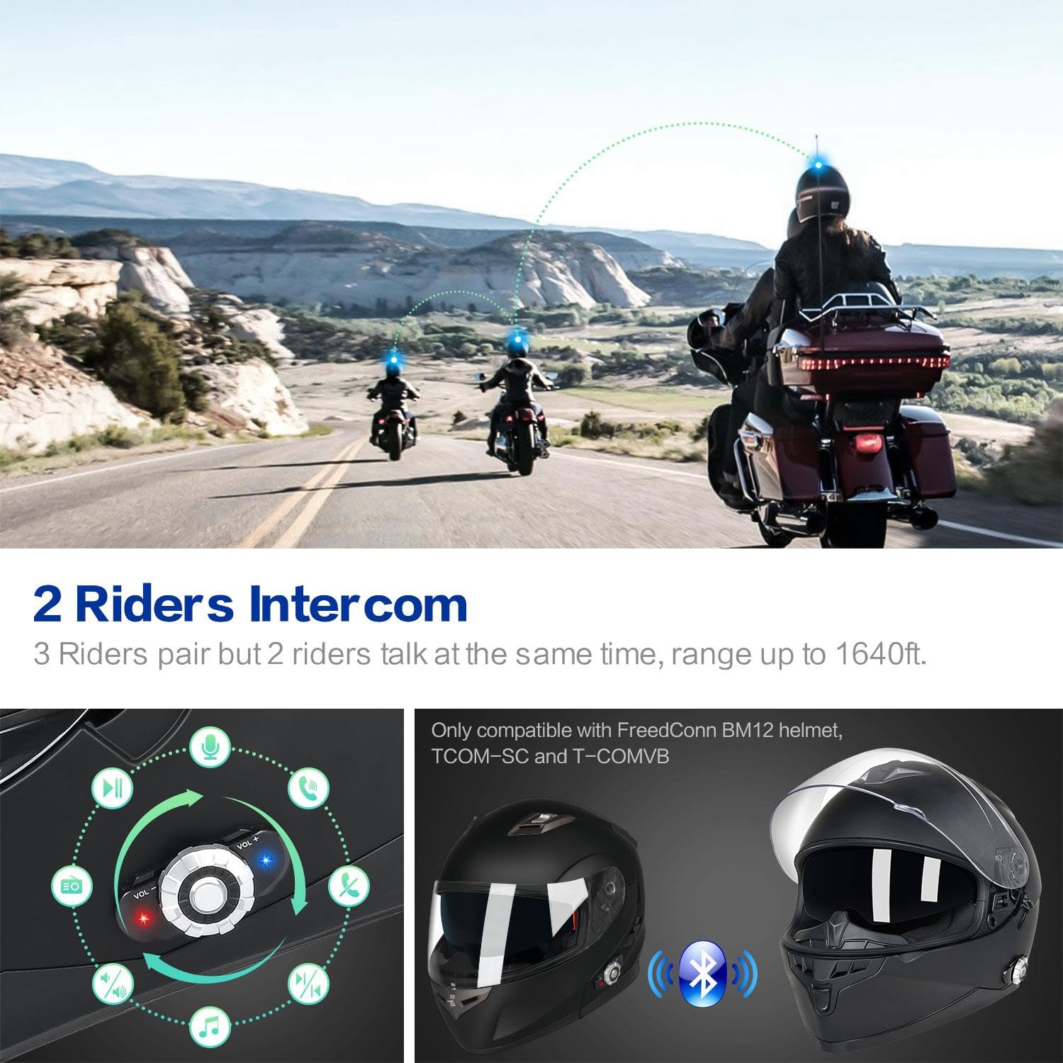 Bluetooth Motorcycle Helmet FreedConn BM12 DOT Full Face Bluetooth Helmets Motorcycle Dual Visor Helmet with Integrated Intercom System/ 2~3 Riders Pair/ 500M/ FM/ MP3/ Voice Dial (Matte Black, XXL)