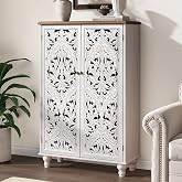 JOINICE 47" Tall Accent Cabinet with Doors &amp; Storage for Living Room,White | Carved Wood, Walnut Top, Decorative Cabinet for Dinning Room/Hallway, Adjustable Shelves, Easy Assembly,up to 100lbs