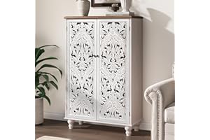JOINICE 47" Tall Storage Cabinet with Doors and Shelves, Wood Accent Cabinet with Distressed Finish, Buffet & Sideboard for Living Room, Entryway, Dining Room, Bedroom, White