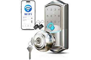 Veise VE028 Built-in Wi-Fi Smart Lock with Knob, Fingerprint Keyless Entry with Handle, App Remote & Voice Control, Electronic Digital Keypad for Front Door and Bedroom, IP65 Waterproof, Satin Nickel