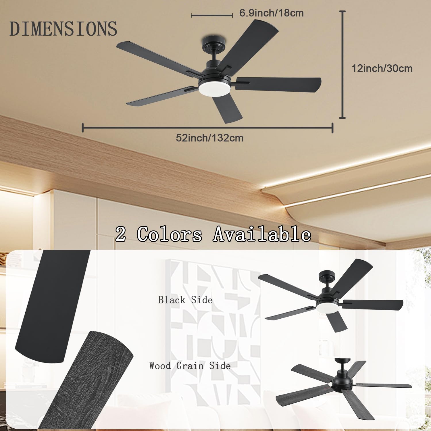 Ceiling Fans with Lights, 52 Inch Low Profile Modern Ceiling Fan with Light and Remote Control, DC Reversible Motor,Noiseless,3CCT,Dimmable, Black 8 Speeds Ceiling Fan for Bedroom Living Room
