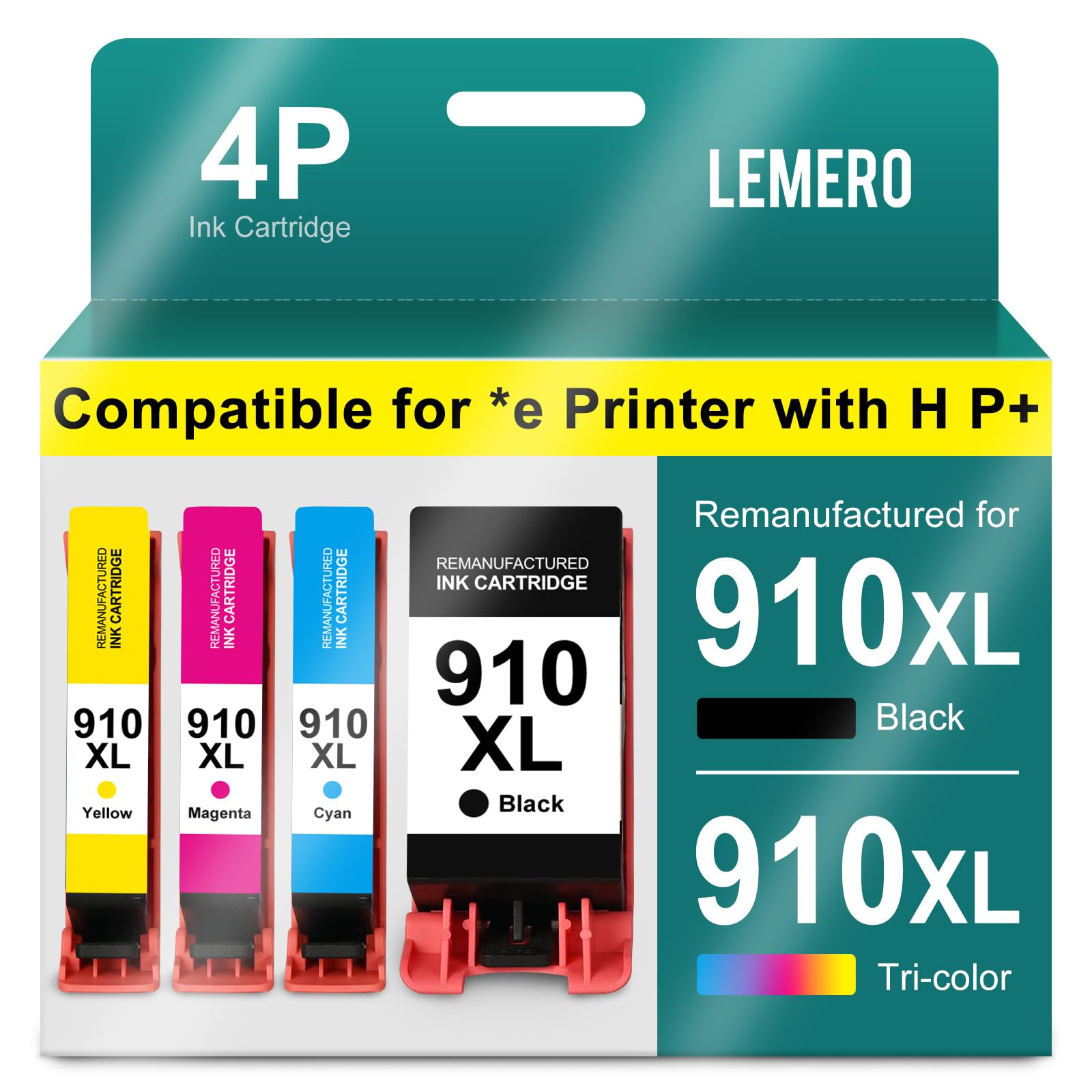 Photo 1 of LEMERO 910XL Ink Cartridges Combo Pack Replacement for HP 910 910XL Ink Work for HP OfficeJet 8012e 8014e 8015e 8010e 8022e OfficeJet Pro 8025e 8020e 8028e 8034e 8035e 8020, 4-Pack