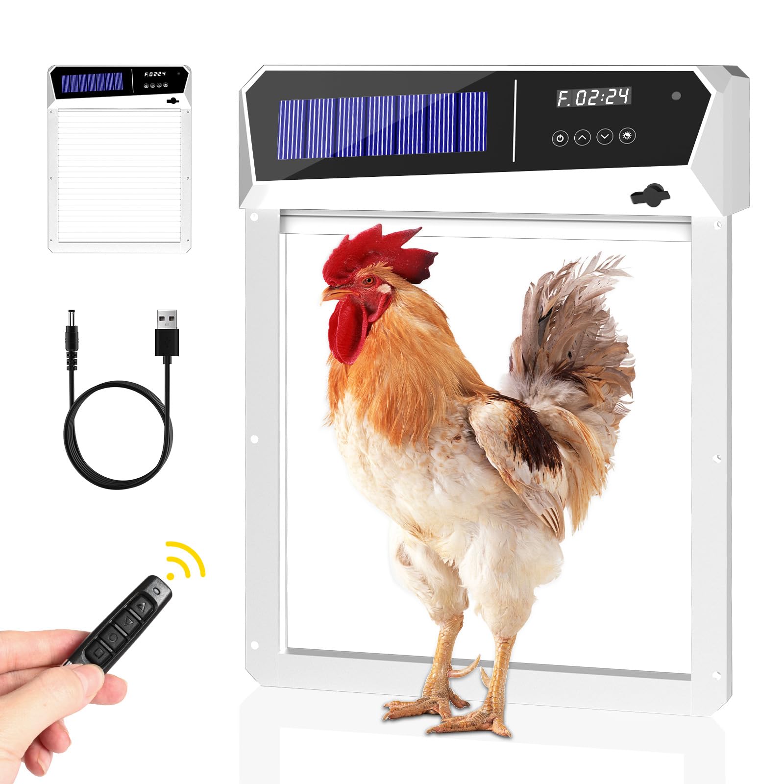 Photo 1 of Automatic Chicken Coop Door, 5000mAh Battery Solar Chicken Coop Door, 5 Modes Programmable Chicken Door with LCD Display/Light Sensor/Remote Control/Timer, Aluminum Anti-Pinch and Weatherproof, White