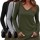Sweetyweee 3 Pack Women's Long Sleeve Shirts Cotton V Neck Casual Tops Roll Hem Lightweight Basic Tee Soft 2026 Trendy Outfit