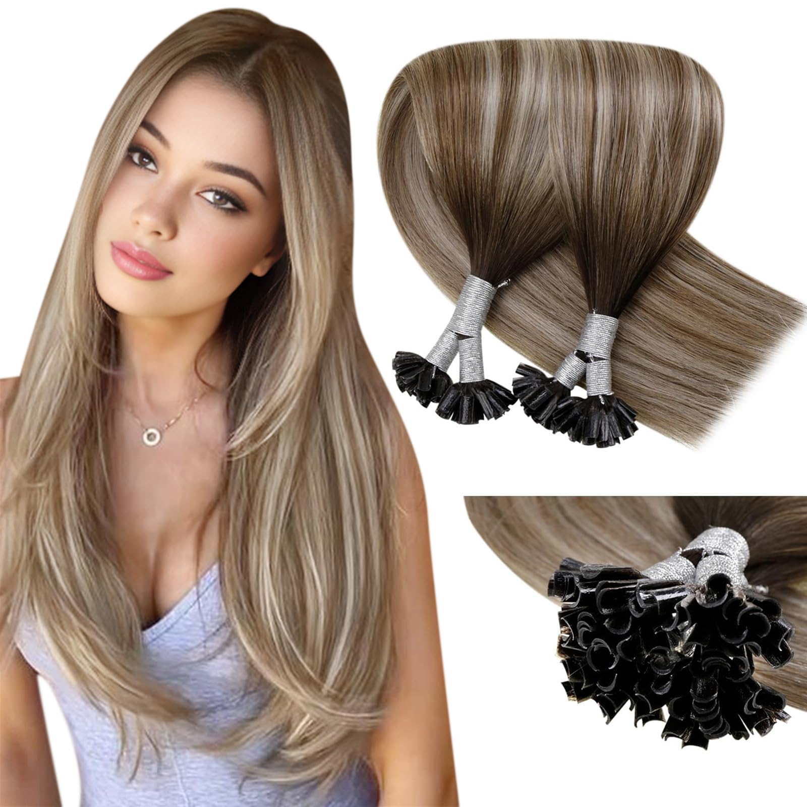 LaaVoo Brown Hair Extensions U Tip Real Human Hair, Remy Straight Balayage Dark Brown to Platinum Blonde Real Hair Extensions, Hot Fusion for Invisible & Stable 50s 50g 14 Inch #3/8/24 — image 1