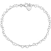 Amberta 925 Fine Sterling Silver Naturally Adjustable Anklet - 3 mm Heart Chain Ankle Bracelet - up to 10" inch - Flexible Fit
