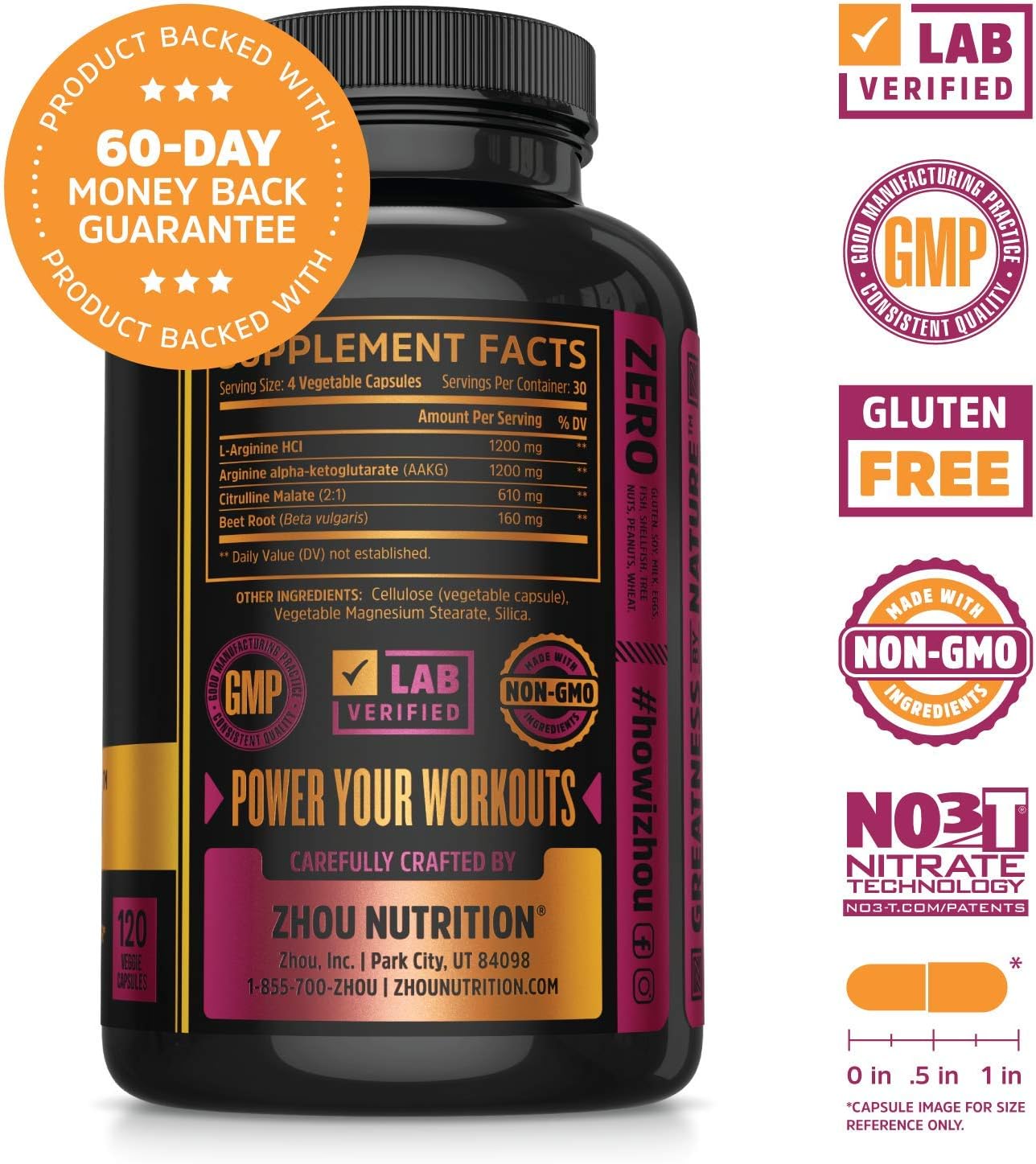Zhou Nutrition Nitric Oxide Supplement with L Arginine, Citrulline Malate, AAKG and Beet Root - Powerful N.O. Booster and Muscle Builder for Strength, Blood Flow and Endurance - 120 Veggie Capsules.: Health & Personal Care