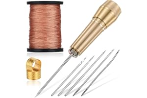 EUPHHONYCS 9pcs Leather Sewing Awl Kit Including 45m Thread and Thimble Canvas Leather Sewing Awl Needle with Copper Handle with 6 Needles for Craft Needle Kit Shoe Repair Tool