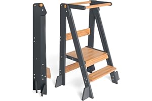 OCODILE Adjustable Foldable Toddler Tower – Folding Tower for Kids | Montessori Toddler Kitchen Step Stool Helper for Independence - Gray