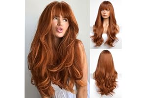 HAIRCUBE Auburn Wig with Bangs for Women Auburn Long Wavy Hair Wig Curly Wavy Synthetic Wigs for Girls Daily Party Use 26Inch