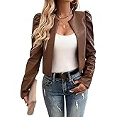 SEMATOMALA Women's Puff Sleeve Cropped Jacket Faux Leather Bolero Blazer Long Sleeve Open Front PU Cardigan