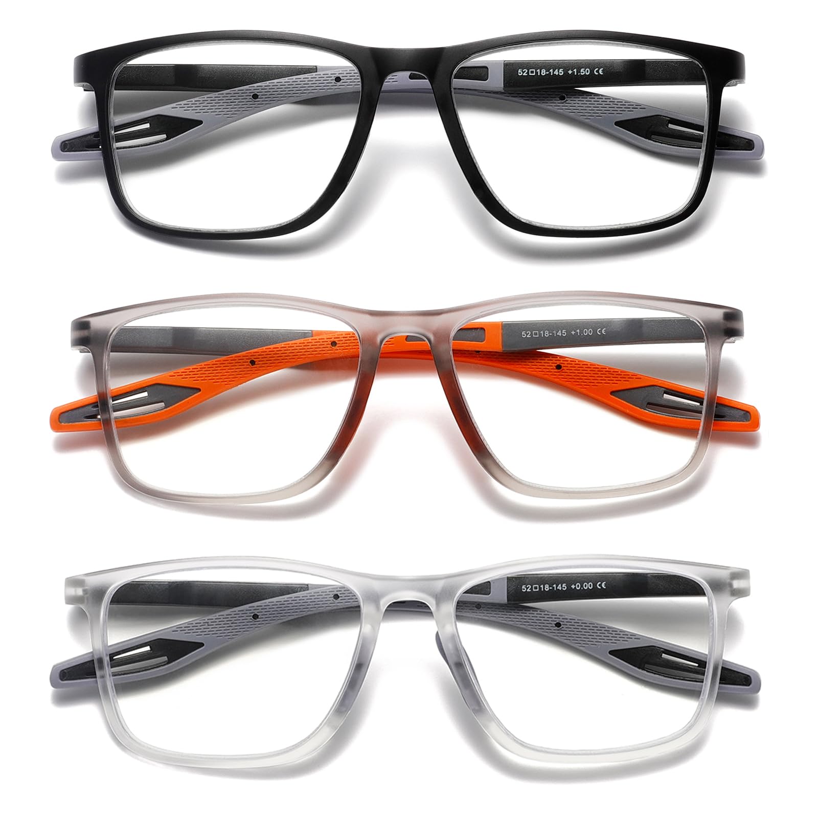 Hubeye TR90 Sports Reading Glasses for Men and Women Square Comfortable Flexible Blue Light Blocking Computer Reader (Black+Orange+Transparent, 1.50) — image 1