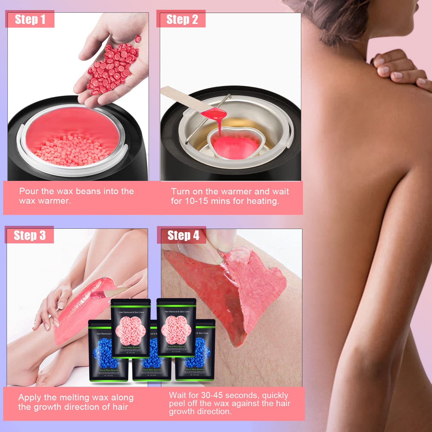 Wax Beads for Hair Removal 1.1 lb (17.6 oz), Hard Wax Waxing Beads Kit for Sensitive Skin Brazilian, Face, Bikini, Eyebrow, Legs, Painless for Women Men, 5 packs with 10 Sticks