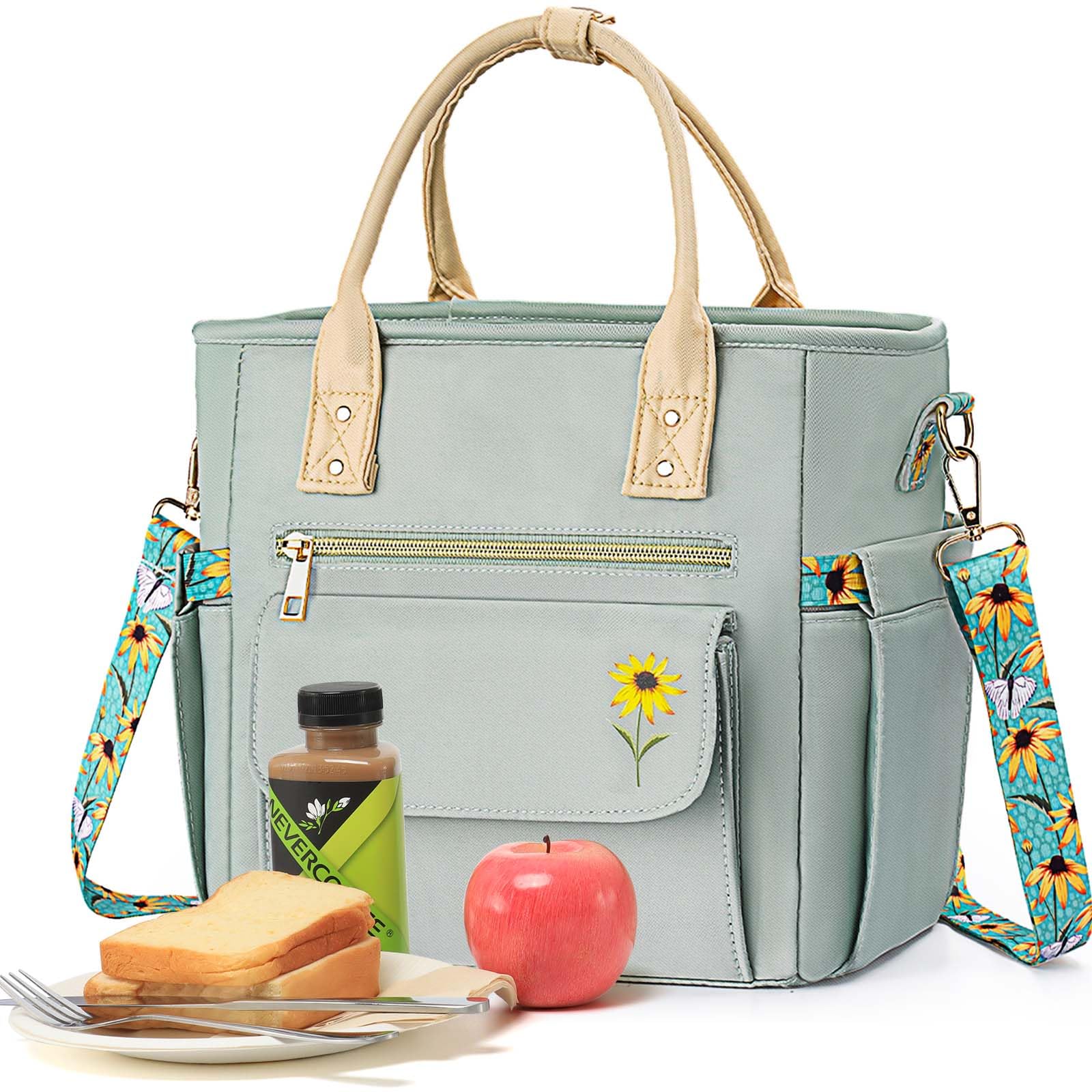 Hihealer Deluxe Lunch Bag Women Mothers Day Gifts with Rare Floral Design - Large Leakproof Insulated Multi Pocket Cool Bag with Removable Strap for Work/Picnic Gifts Christmas Xmas Gifts for Women