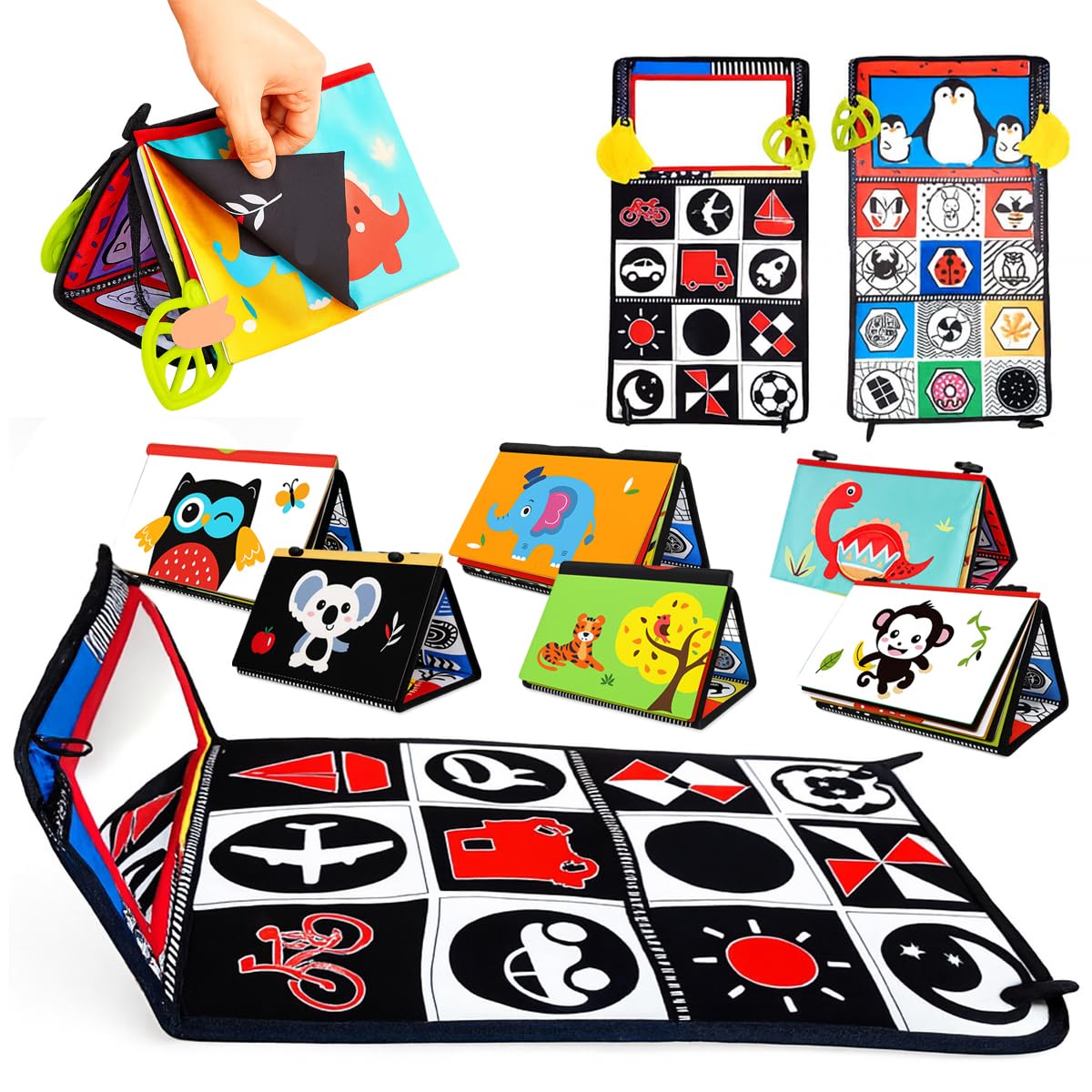 Toyana Baby 3-in-1 Mirror Toy Tummy Time Play Mat, Early Learning Sensory High Contrast Soft Cloth Book with Crinkle Sound & Teether, Newborn Montessori Infant Toddler Gift Toy for Ages 6-18 Months