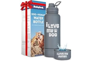 RUBYLOO Dog Water Bottle for Dog Lovers - 32 oz Stainless Steel Double Wall Insulated Water Bottle with 8 oz Detachable Dog Bowl - Ideal Dog Lover Gift for Women for Christmas - “I Love My Dog” Smoky Grey