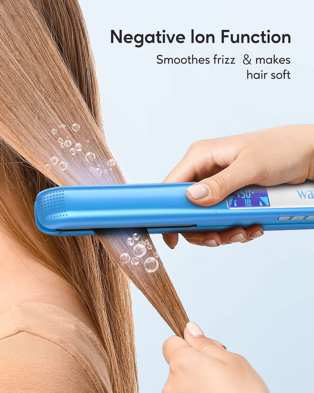 Wavytalk Pro Flat Iron (Blue), 1 inch, Pure Titanium Plates, 15 Temperature Settings, LCD Display, Dual Voltage for Worldwide Use, Hair Straightener and Curler for All Hairstyles