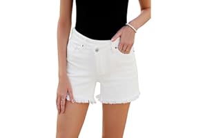 luvamia Jean Shorts for Women Mid Rise Trendy Stretchy Crossover Waist Denim Shorts Raw Hem Casual Summer Pockets