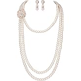 BABEYOND 1920s Gatsby Pearl Necklace Vintage Bridal Pearl Necklace Earrings Jewelry Set Multilayer Imitation Pearl Necklace with Brooch