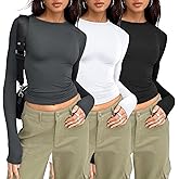 AUTOMET 3-Pack Women's Long Sleeve Crop Tops - Basic Fitted T-Shirts Set