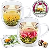 Teabloom Oversized Insulated Borosilicate Glass Mugs (17 oz / 500 ml) – Set Includes 2 Mugs + 2 Blooming Teas – Premium…