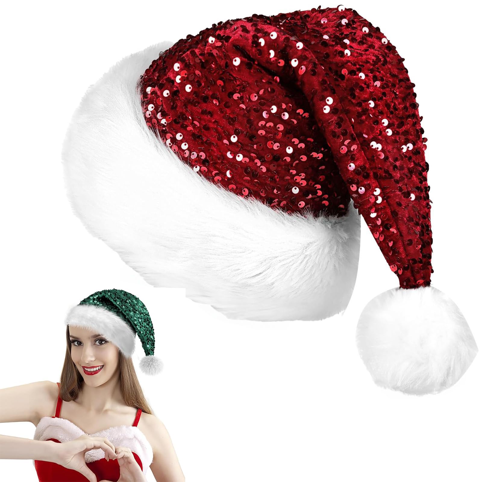 Red Sequined Santa Hat - Shiny Unisex Soft Plush Deluxe Xmas Santa Claus Velvet Comfy for Fancy Dress, Christmas New Year Party, Xmas Tree Decorations Adults