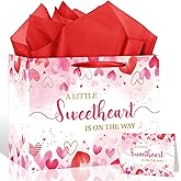 Frakron Valentine Baby Girl Shower Gift Bag with Wrapping Tissue Paper & Card Large Red Pink Watercolor Heart Party Supplies A Little Sweetheart is on the Way Wrap Bags for Pregnancy Gender Reveal