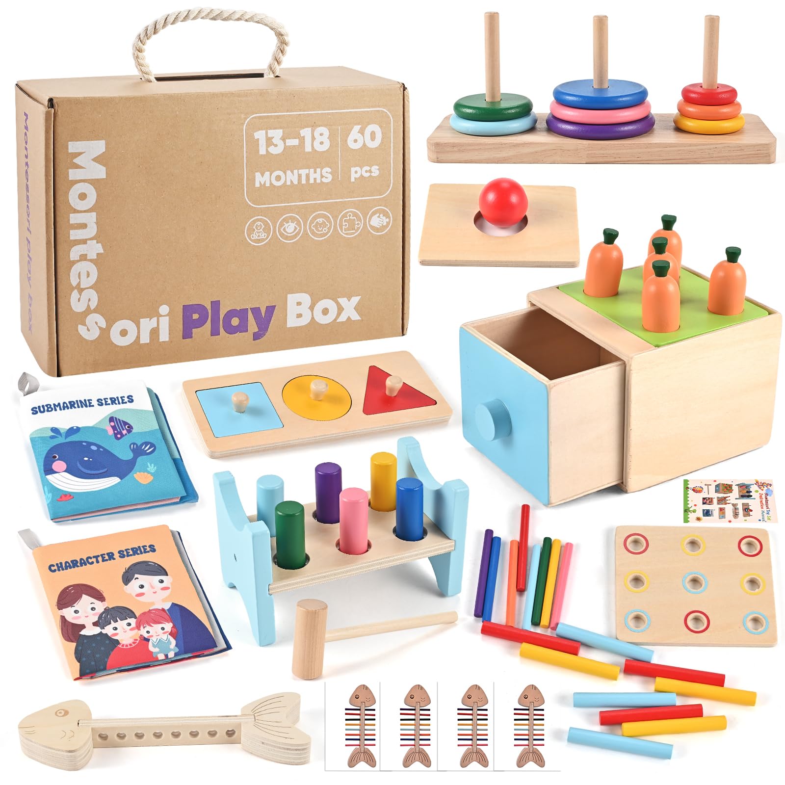 Wooderma Toddler Sensory Toys, 6 in 1 Montessori Stacking & Sorting & Plugging Toy for 1+ Year Olds, Wooden Fine Motor Skills Toys, Learning Educational Toys for Travel, Autism, 1st Birthday Gifts