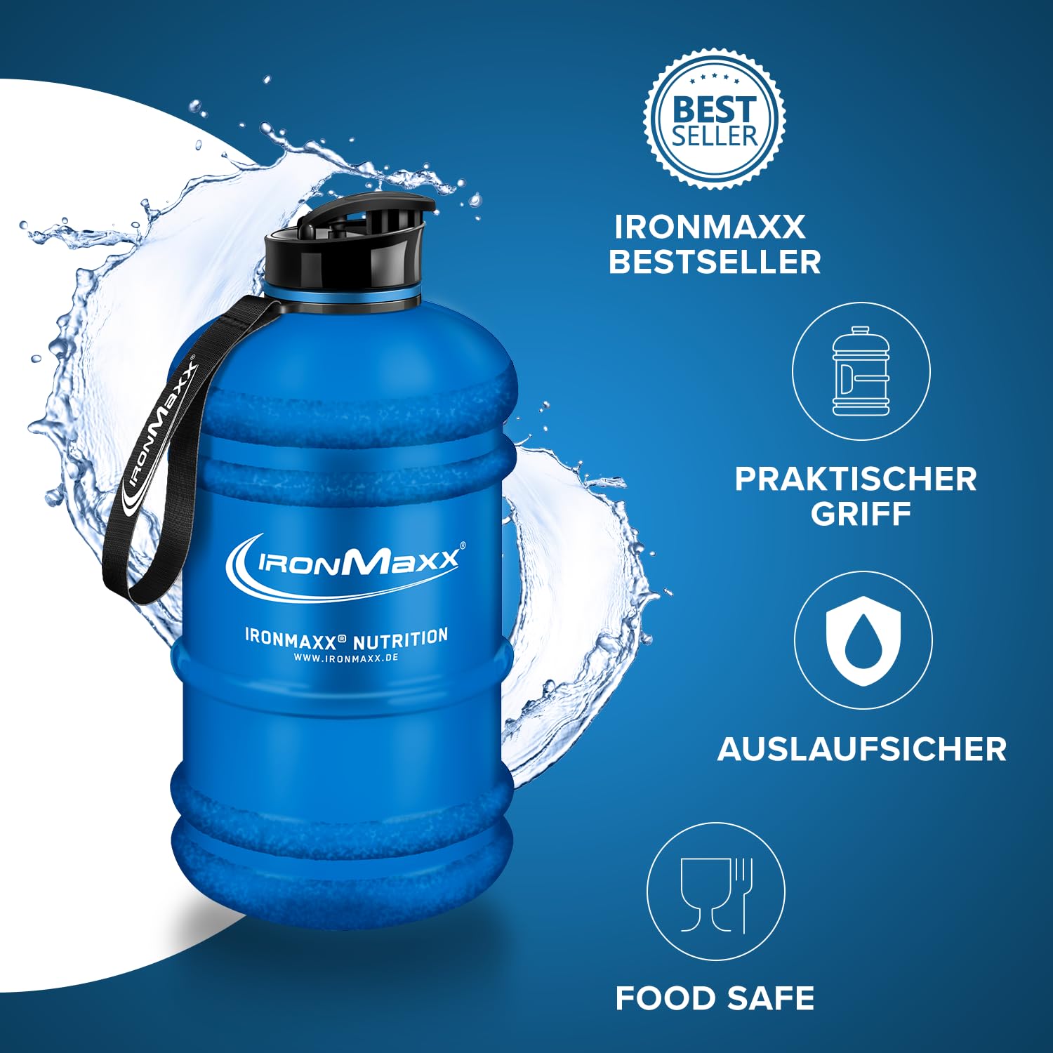 IronMaxx Water Gallon - Frosted Blue 2200ml | BPA & DEHP frei | auslaufsichere Trinkflasche mit Messskala | in verschiedenen Farben erhältlich 2